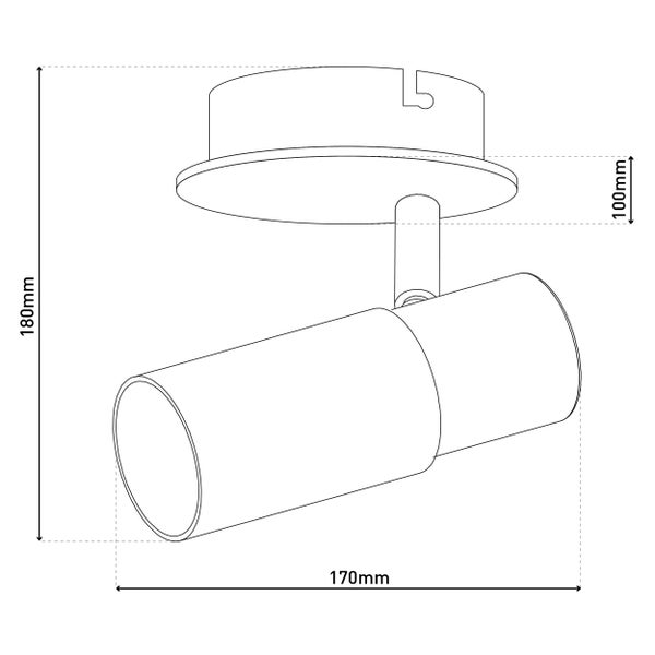 Skizze eines Strahlers mit den Maßen 180 mm Höhe, 170 mm Breite und 100 mm Tiefe