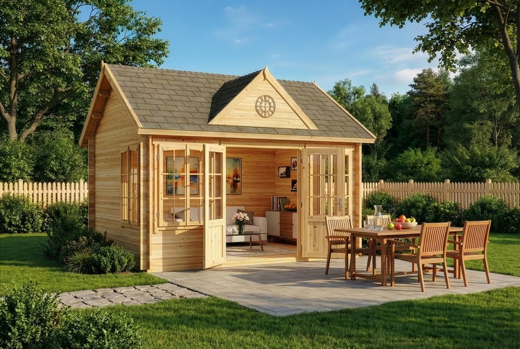 Klassisches Gartenhaus aus Holz mit Satteldach, Doppeltüren und Terrasse. Möblierter Innenbereich und Gartenmöbel Set auf der Terrasse.