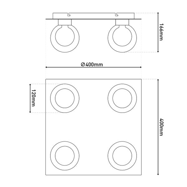 Technische Zeichnung einer Deckenleuchte mit vier Strahlern und den Maßen 400 x 400 mm.