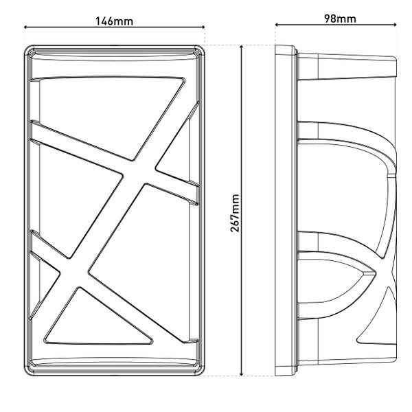 Technische Zeichnung einer Gehäusebox mit den Maßen 267 mm Höhe, 146 mm Breite und 98 mm Tiefe.