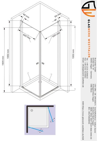 Technische Zeichnung einer Eckeinstiegsdusche mit Maßangaben