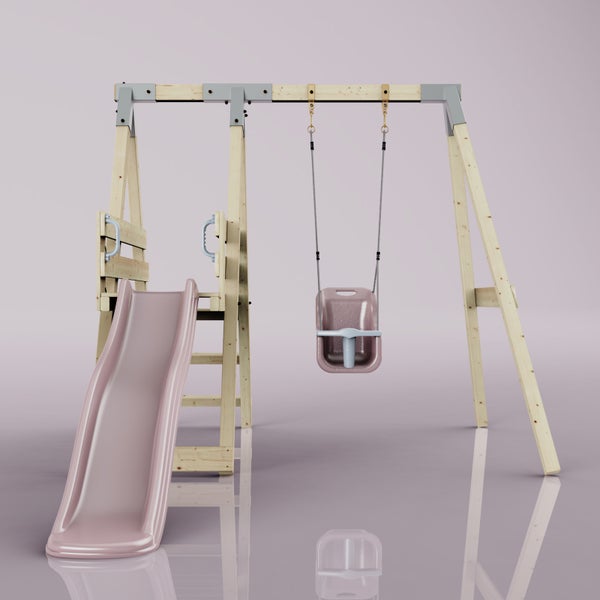 Spielturm aus Holz mit pinker Rutsche, Leiter und einer Babyschaukel.