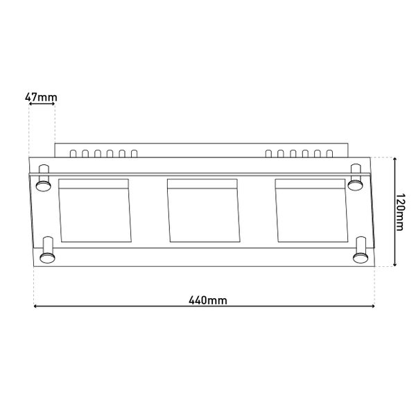 Technische Zeichnung einer dreiflammigen Deckenleuchte mit den Maßen 440 Millimeter Breite, 120 Millimeter Höhe und 47 Millimeter Tiefe.