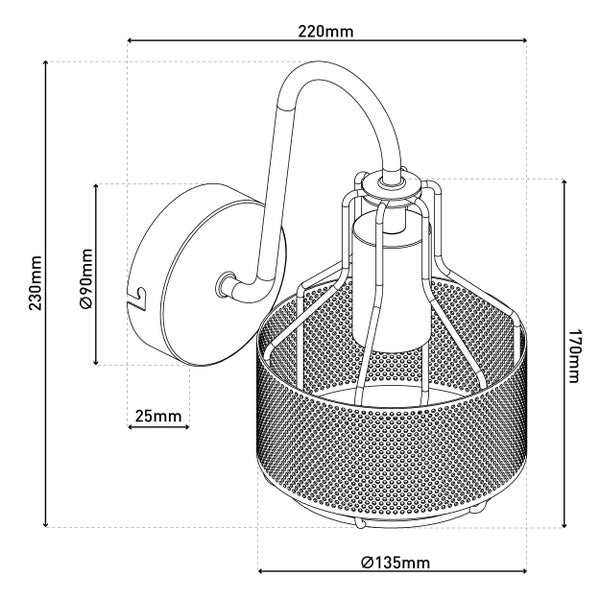 Technische Zeichnung einer Wandleuchte mit Abmessungen
