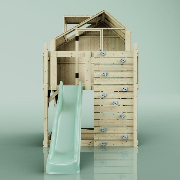 Spielhaus aus Holz mit Rutsche und Kletterwand