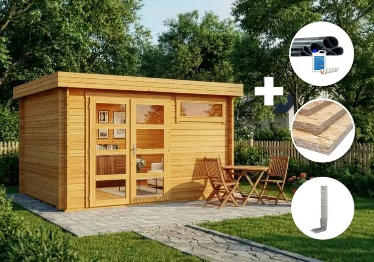 Gartenhaus aus Holz mit Flachdach, Glas-Doppeltür und Fenster auf Terrasse. Inklusive EPDM-Dachfolie, OSB-Platten und Pfostenanker.