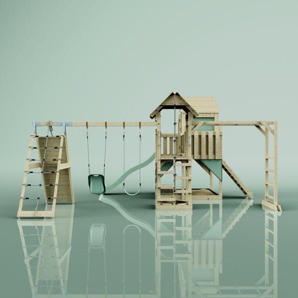 Holzspielplatz mit Schaukel, Rutsche und Klettergerüst