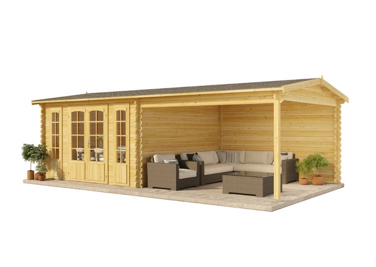 Alpholz Gartenhaus Freiburg-44 ISO Gartenhaus aus Holz in natur, Holzhaus mit 44 mm Wandstärke inklusive Terrasse, Blockbohlenhaus mit Montagematerial imprägniert 7,6x4m