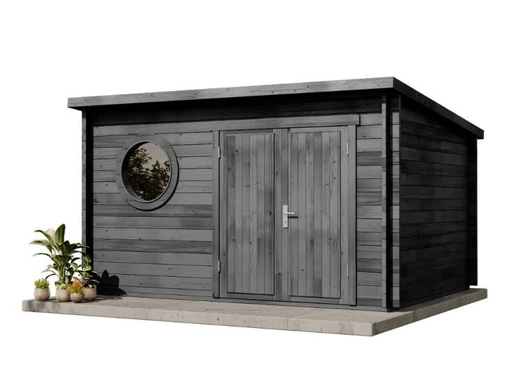 Holzgartenhaus mit Doppeltür und rundem Fenster