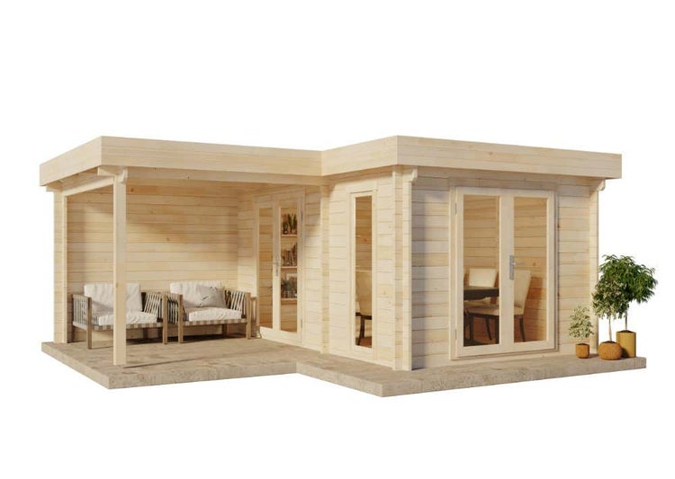 Modernes Gartenhaus aus hellem Holz mit Flachdach, überdachter Terrasse inklusive Loungemöbeln und großen, verglasten Doppeltüren.