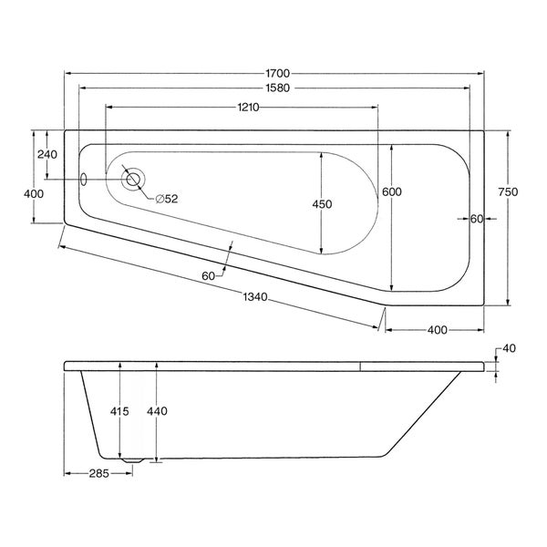 Technische Zeichnung einer Badewanne mit Maßangaben