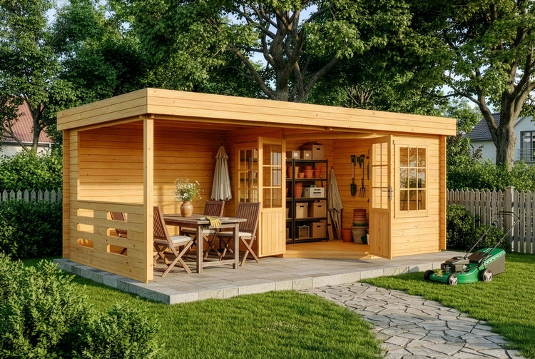 Modernes Gartenhaus aus Holz mit Flachdach, inklusive Geräteschuppen mit Doppeltür und offener Terrasse mit Sitzgruppe und Tisch.