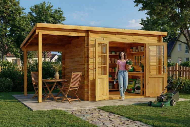 Modernes Gartenhaus aus Holz mit Flachdach, Veranda und Doppeltür, organisiert eingerichteter Geräteschuppen im hellen Garten.