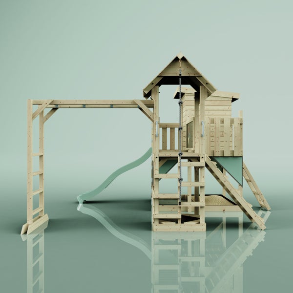 Holz-Spielturm mit Rutsche, Leiter und Kletterseil