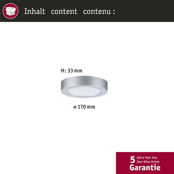 Runde LED-Aufbauleuchte aus Metall mit weißem Diffusor, Höhe 38 Millimeter, Durchmesser 170 Millimeter, 5 Jahre Garantie.
