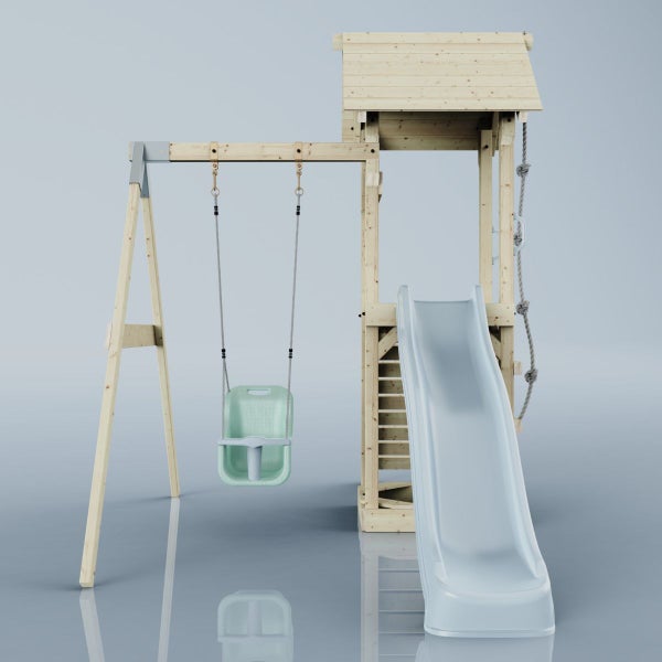 Spielturm mit Rutsche, Schaukel und Kletterseil