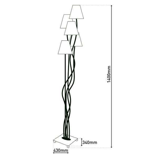 Abbildung einer Stehlampe mit den Maßen 1400 mm Höhe, 430 mm Breite und 340 mm Tiefe.