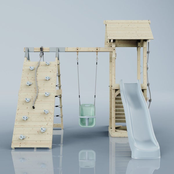 Spielturm mit Kletterwand, Schaukel und Rutsche für den Garten