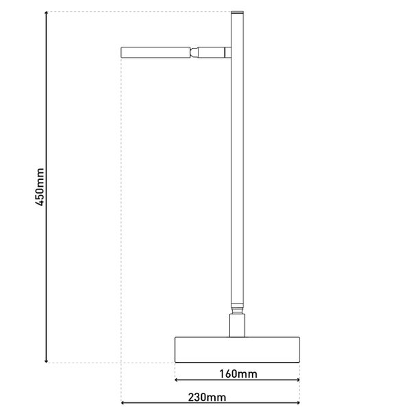 Abmessungen der LED-Tischleuchte: 450 mm Höhe, 230 mm Basisbreite und 160 mm Basistiefe.