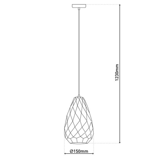 Abbildung einer Pendelleuchte mit einer Gesamtlänge von 1230 mm und einem Durchmesser von 150 mm.