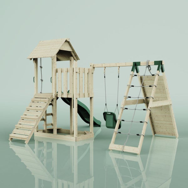 Spielplatz mit Rutsche, Schaukel und Kletterwand aus Holz
