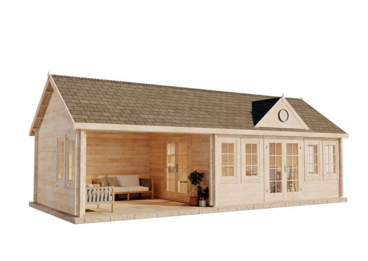 Alpholz Gartenhaus CLOCKHOUSE® Big Ben 70 Gartenhaus aus Holz, Holzhaus mit 70 mm Wandstärke inklusive Schleppdach Blockbohlenhaus, Naturbelassen 9,3x4m