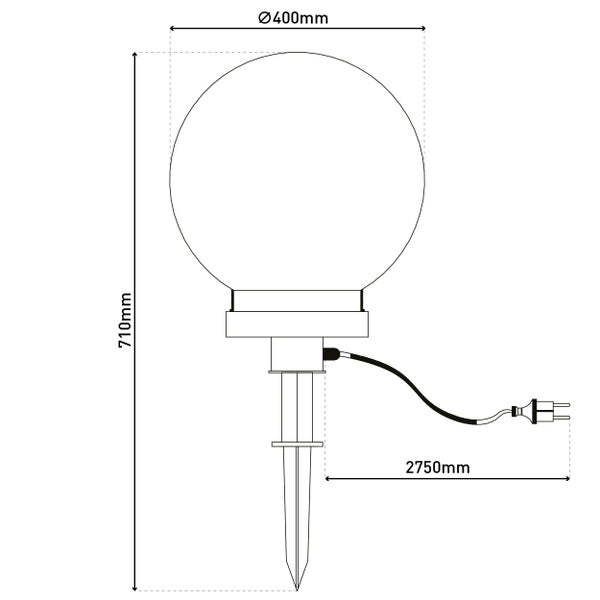 Technische Zeichnung einer Gartenleuchte mit Kugelform, Erdspieß und den Maßen: Durchmesser 400 mm, Höhe 710 mm, Kabellänge 2750 mm.