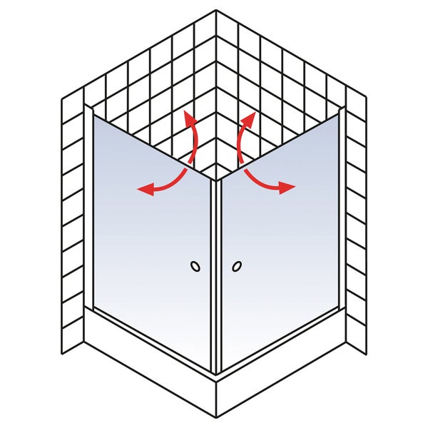 Zeichnung einer Eck-Duschkabine mit zwei Pendeltüren, die sich nach innen und außen öffnen lassen.