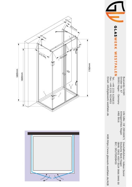 Technische Zeichnung einer Duschkabine mit Maßangaben.