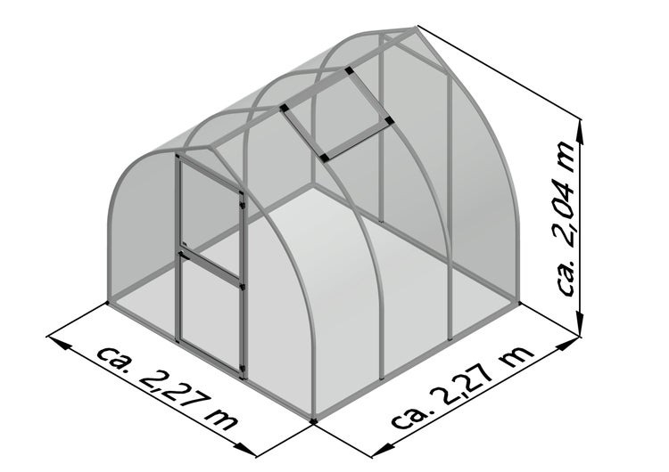 Gewächshaus mit Maßen: circa 2,27 Meter Breite, circa 2,27 Meter Länge und circa 2,04 Meter Höhe.
