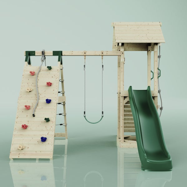 Spielturm aus Holz mit Rutsche, Schaukel und Kletterwand