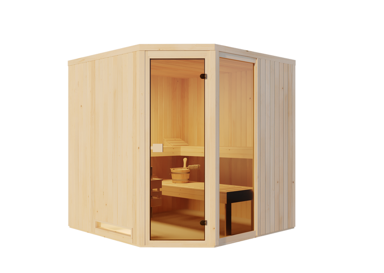 Ecksauna aus hellem Holz mit Glastür und Seitenfenster, Innenausstattung mit Saunabank und Holzeimer.