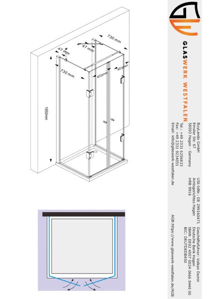 Technische Zeichnung einer Duschkabine mit Maßangaben