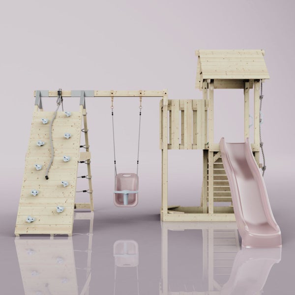 Holzspielplatz mit Kletterwand, Schaukel und Rutsche