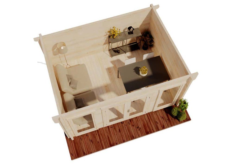 Draufsicht auf ein helles Gartenhaus aus Holz mit Sofa, Esstisch und großen Glasfronten, organisierter und geräumiger Innenraum.