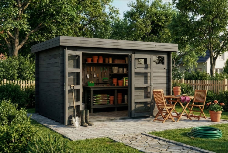 Modernes Gartenhaus aus Holz mit Flachdach und Doppeltür im Garten. Innen Werkbank und Regale. Außen Holzmöbel auf Steinpflaster.