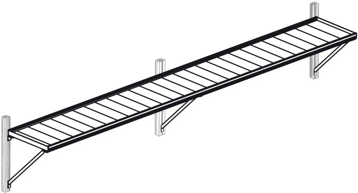 Wandregal für Gerätehäuser aus Metall mit Gitterboden und drei Wandhalterungen.