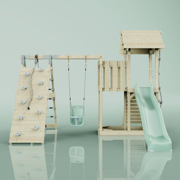 Spielturm mit Kletterwand, Schaukel und Rutsche aus Holz