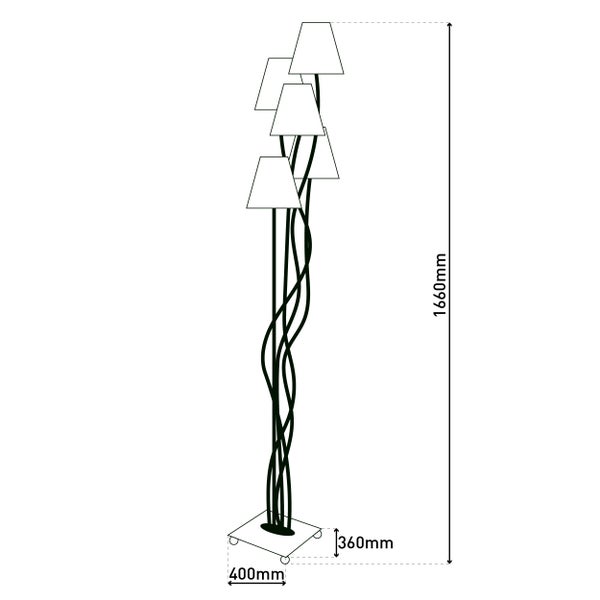 Stehleuchte mit mehreren bunten Lampenschirmen und schwarzem Metallgestell