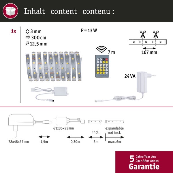 LED Streifen Set mit Fernbedienung und Netzteil, 300 Zentimeter Länge, 13 Watt Leistung, 5 Jahre Garantie.