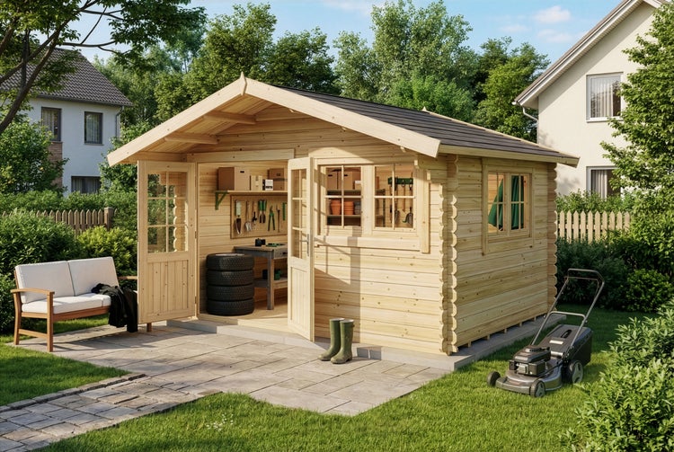 Holzgartenhaus mit geöffneten Türen, Rasenmäher und Gartenmöbeln auf einer Terrasse