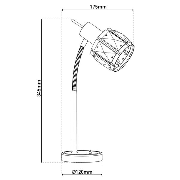 Technische Zeichnung einer Schreibtischlampe mit den Maßen 345 mm Höhe, 175 mm Ausladung und einem Fußdurchmesser von 120 mm.