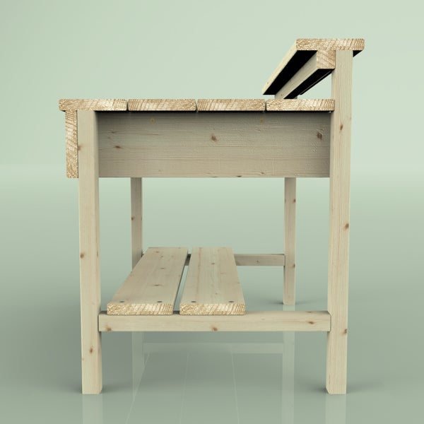 Pflanztisch aus Holz mit zwei Arbeitsebenen, unterem Ablageboden und grünem Kunststoffeinsatz.