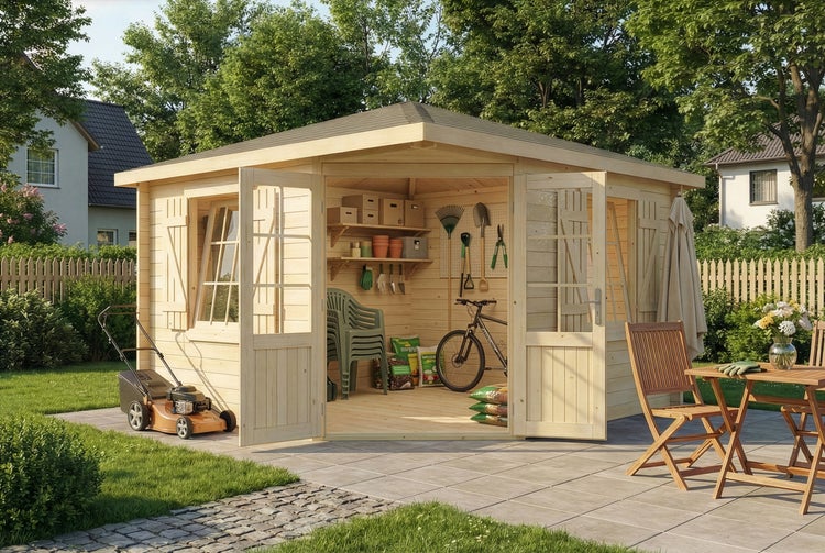 Holzgartenhaus mit offenstehenden Türen, Rasenmäher, Fahrrad, Gartenmöbeln und Gartengeräten