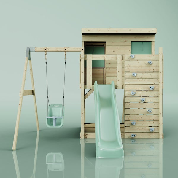 Spielturm aus Holz mit Rutsche, Schaukel für Kleinkinder, Kletterwand und Spielhaus.