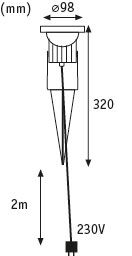 Maßzeichnung eines Gartenstrahlers mit 98 Millimeter Durchmesser, 320 Millimeter Höhe und 2 Meter Zuleitung für 230 Volt Anschluss.