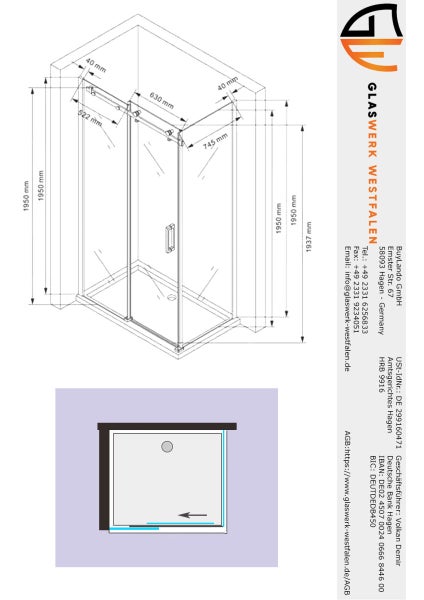 Technische Zeichnung einer Duschkabine mit Maßangaben