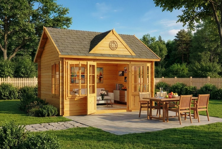 Hell gestaltetes Gartenhaus aus Holz mit Satteldach und geöffneten Glastüren auf einer Steinterrasse mit Holz-Sitzgruppe in einem grünen Garten.