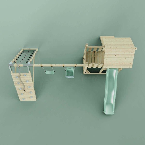 Spielturm aus Holz in der Draufsicht mit Spielhaus, Rutsche, zwei Schaukeln, Kletterwand und Klettergerüst.