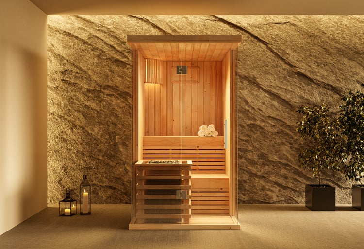 Technische Zeichnung einer Sauna in der Draufsicht mit detaillierten Maßangaben.